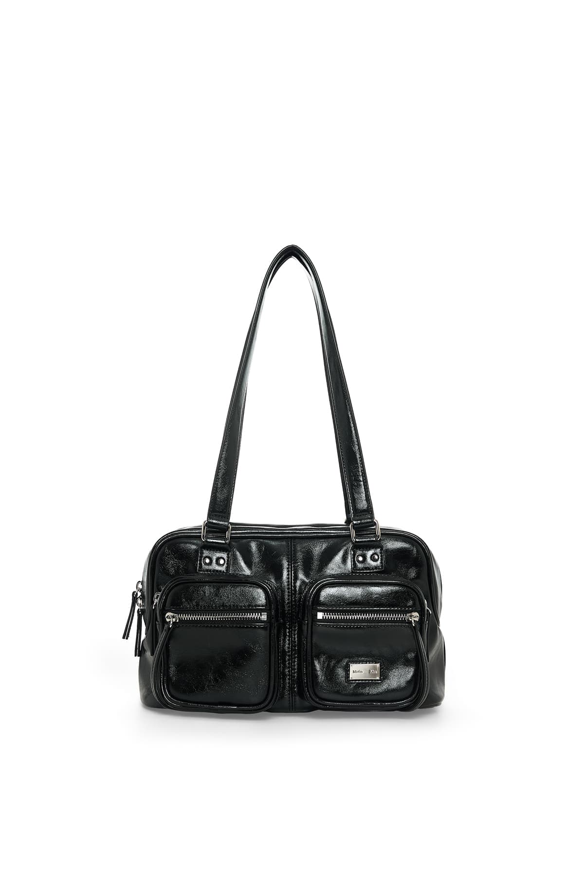 DOUBLE POCKET BRICK SHOULDER BAG IN BLACK