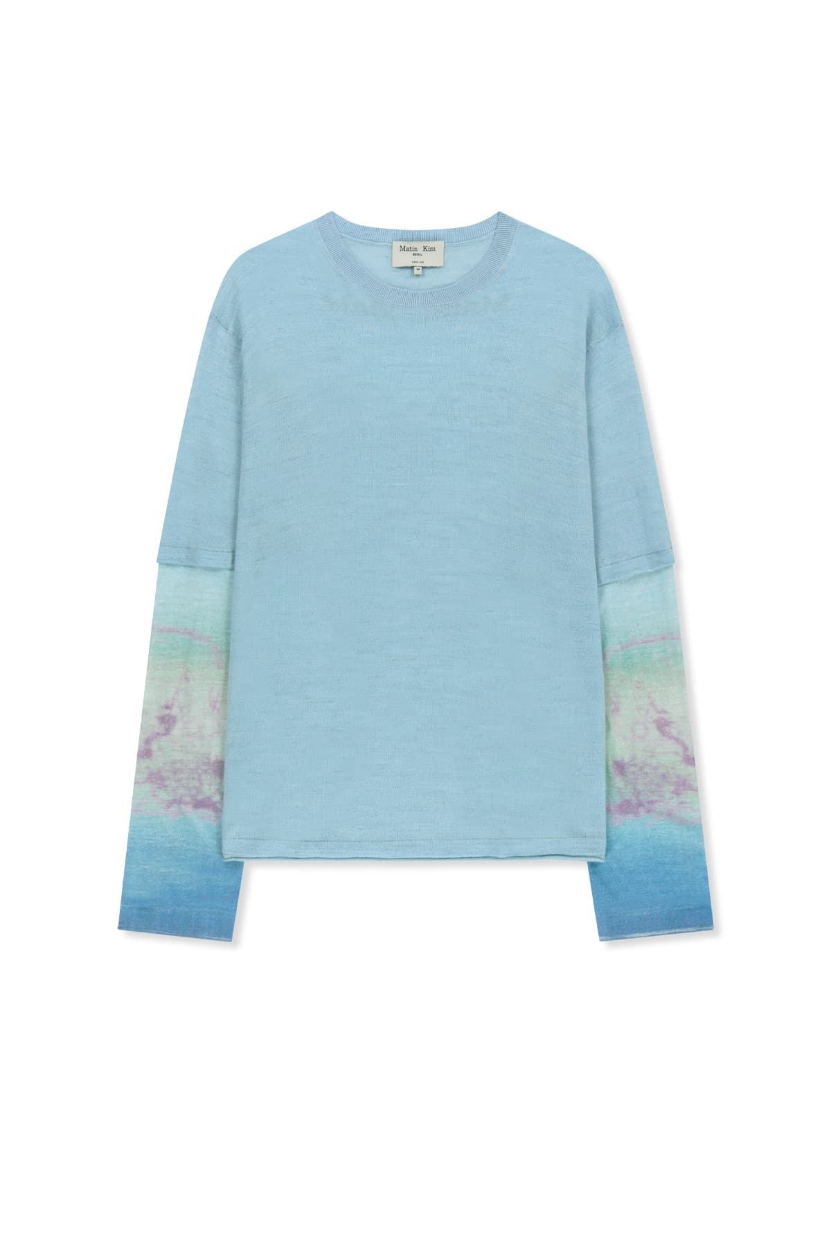 SLEEVE PRINT KNIT PULLOVER IN LIGHT BLUE