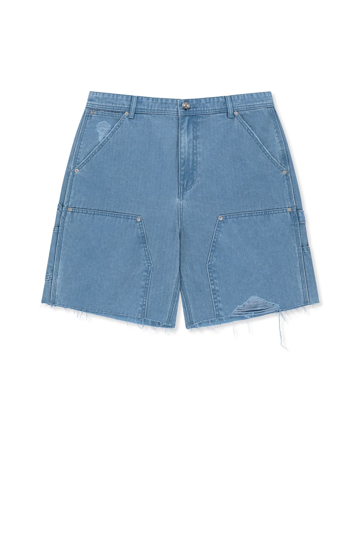 HERINGBONE RAW CUT DENIM SHORTS IN LIGHT BLUE