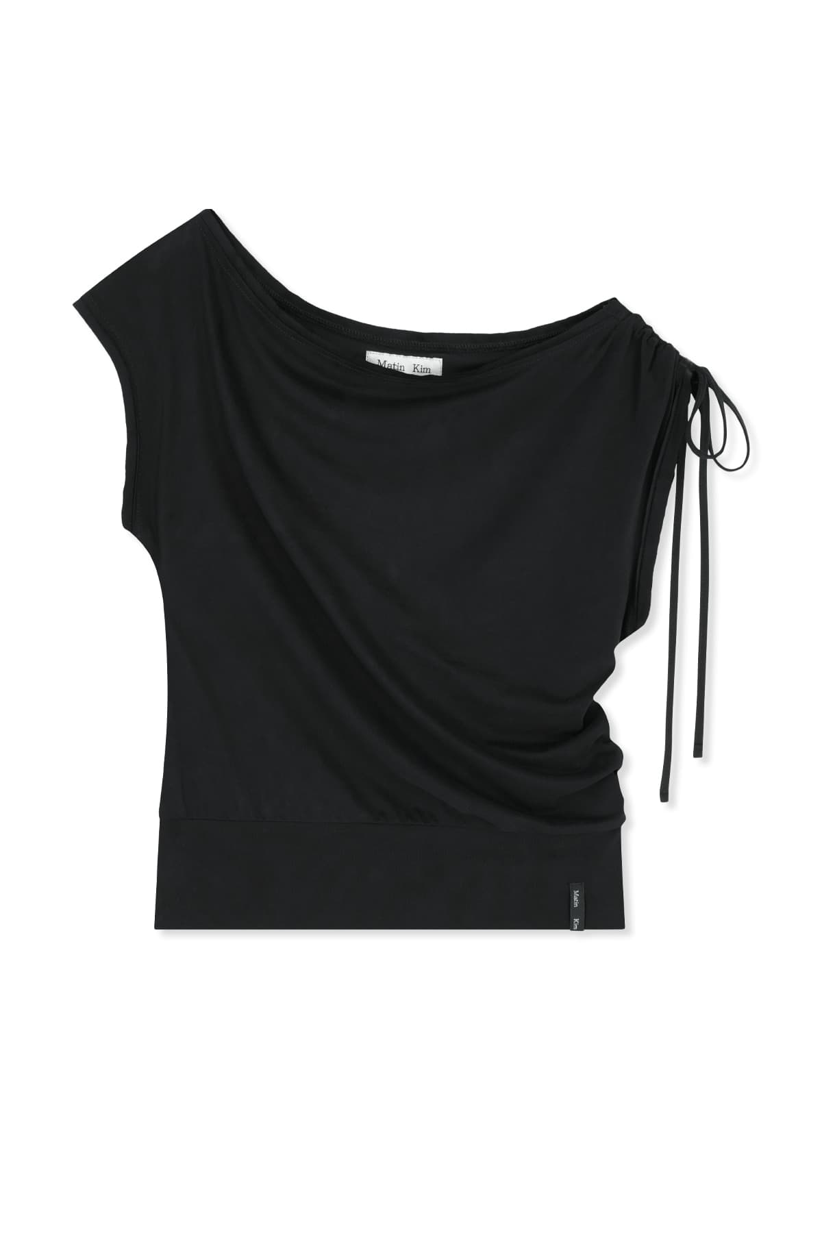 DRAPED ASYMMETRIC SLEEVELESS TOP IN BLACK